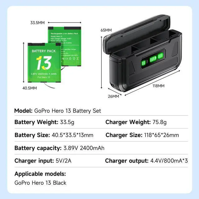Alt view image 7 of 7 - CITYORK 3 Pack Rechargeable Battery 2400mAh with 3-Slot Storage USB Charger for GoPro Hero13 Black Sport Camera