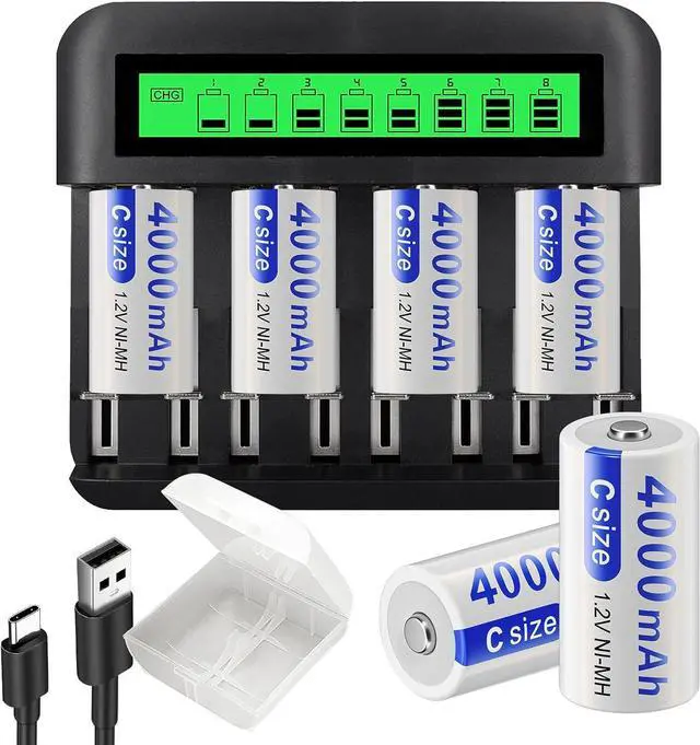 Main image of CITYORK 6 Pack Rechargeable C Batteries with Charger, LCD Display Universal Battery Charger for AA/AAA/C/D 1.2V NI-MH NI-CD Rechargeable Battery (with 3 Battery Boxes)
