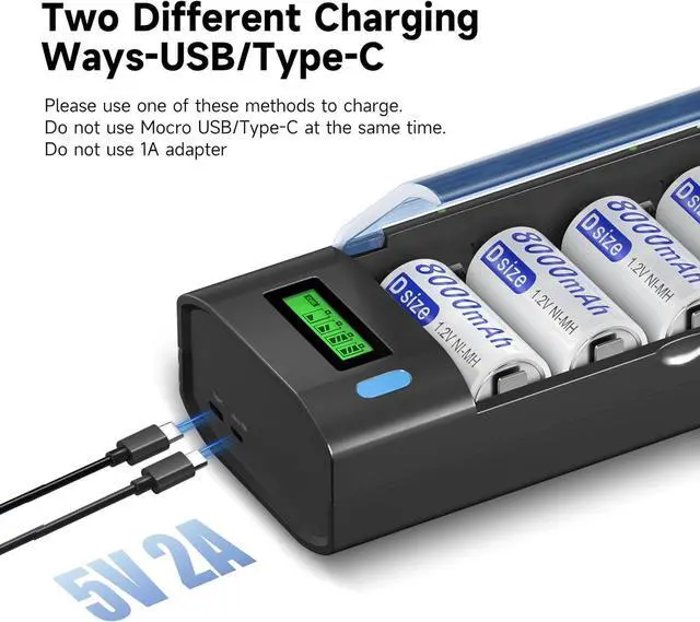 Alt view image 2 of 7 - Universal Charger for AA AAA C D 9V NiMH NiCD Rechargeable Battery, Discharge Function and LCD Display Fast Charging (Micro USB or Type C) 3 Pack C Rechargeble Batteries 3 Pack D Cell Batteries