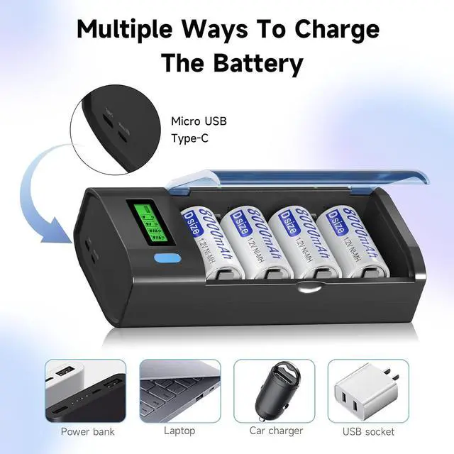 Alt view image 3 of 7 - Universal Charger for AA AAA C D 9V NiMH NiCD Rechargeable Battery, Discharge Function and LCD Display Fast Charging (Micro USB or Type C) 3 Pack C Rechargeble Batteries 3 Pack D Cell Batteries
