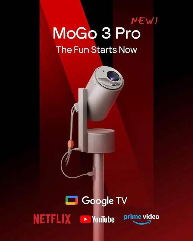 Alt view image 2 of 7 - XGIMI MoGo 3 Pro Home Projector + PowerBase Stand Bundle, Home Theatre Setup, Portable for Outdoor Movies, 4k Support, Smart Mini Projector, Bluetooth/Speaker, Licensed Netflix