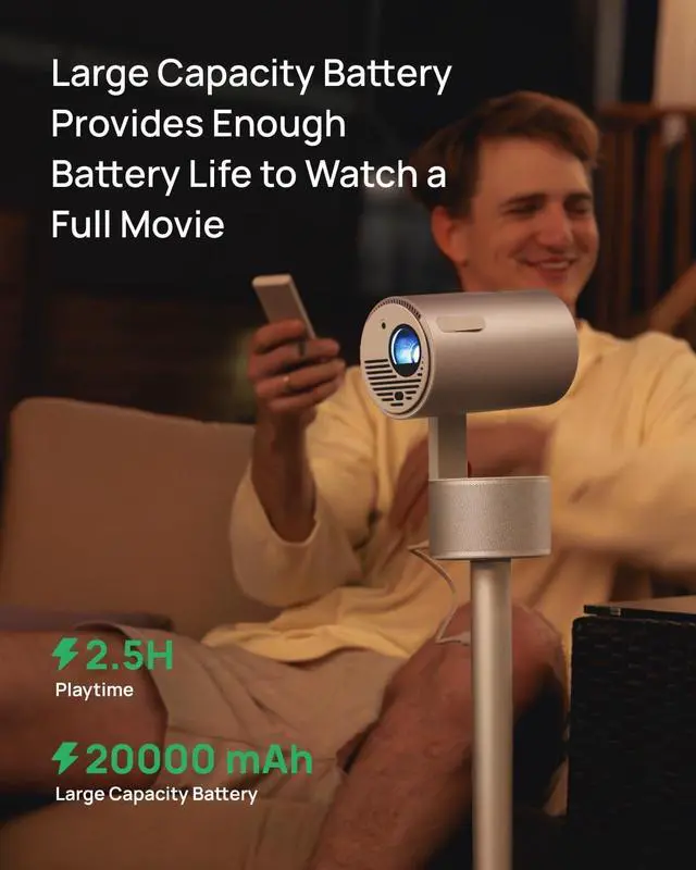 Alt view image 3 of 7 - XGIMI MoGo 3 Pro Home Projector + PowerBase Stand Bundle, Home Theatre Setup, Portable for Outdoor Movies, 4k Support, Smart Mini Projector, Bluetooth/Speaker, Licensed Netflix