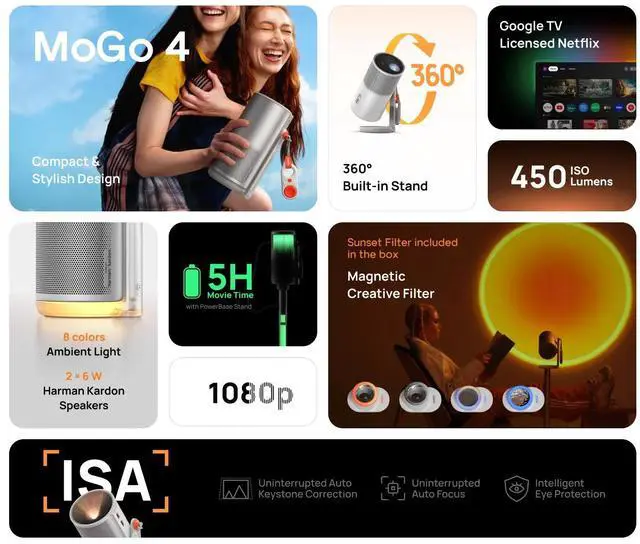 Alt view image 3 of 7 - XGIMI MoGo 4 2025 NEW Portable Projector, Google TV with Licensed Netflix, 360° Adjustable Stand, 2.5 Hours of Playtime, 2 x 6W Harman Kardon, Outdoor Projector, Wifi, Bluetooth, Include Sunset Filter