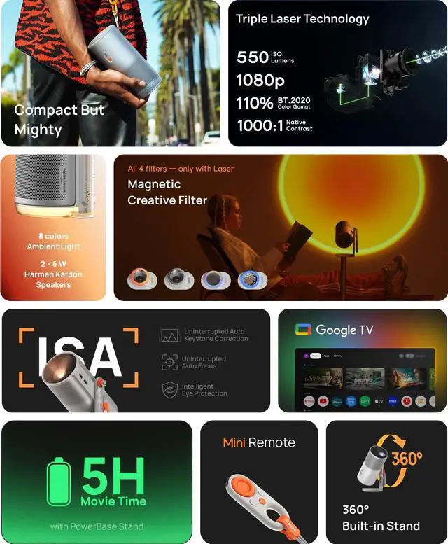 Alt view image 3 of 7 - XGIMI MoGo 4 Laser - Triple Laser Portable Projector, 1080p HD, Google TV, Built-in Battery, 4K Movie Support, Auto Focus/ Keystone, WiFi/Bluetooth, Speaker, Licensed Netflix