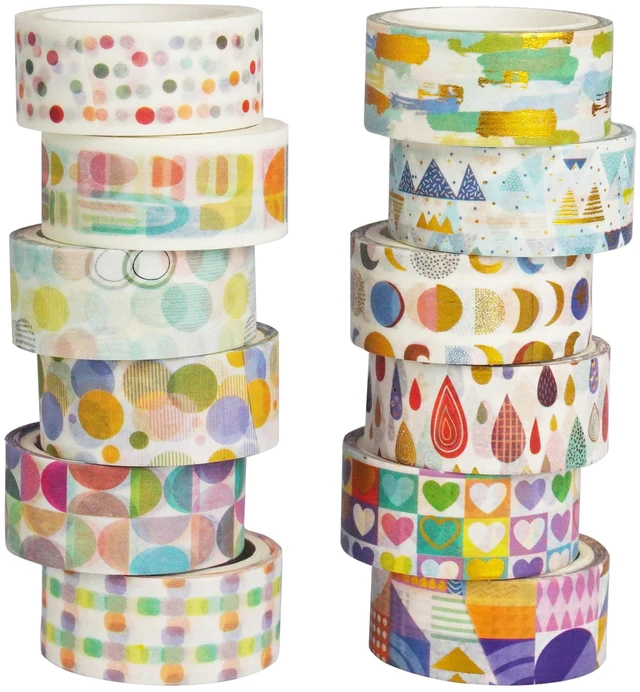 Main image of Cute Washi Tape Set 12 Rolls Gold Foil Masking Cartoon Drawing Decorative Tapes for Arts, DIY Crafts, Journals, Planners, Scrapbook, Wrapping (Basic Patterns)