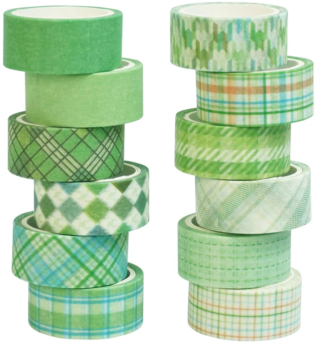 Main image of Basic Grid Washi Tape Set 12 Rolls Plaid Decorative Masking Tapes for Arts, DIY Crafts, Journals, Planners, Scrapbook, Wrapping (Green)