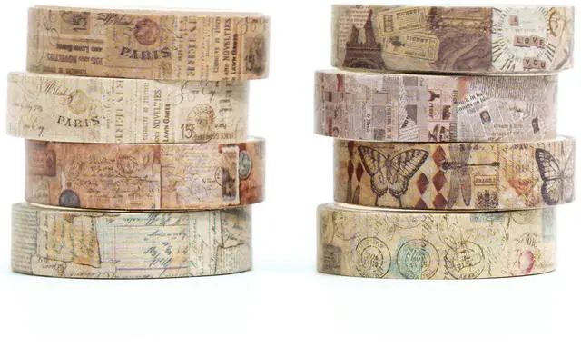 Main image of Vintage Washi Tape Set 8 Rolls Thin Retro Decorative Antique Patterns Masking Tapes for Arts, DIY Crafts, Journals, Planners, Scrapbook, Wrapping (Junk Books)