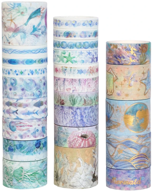 Main image of Marine Life Washi Tape Set 24 Rolls Gold Silver Foil Masking Underwater World Graphic Decorative Tapes for Arts, DIY Crafts, Journals, Planners, Scrapbook, Wrapping