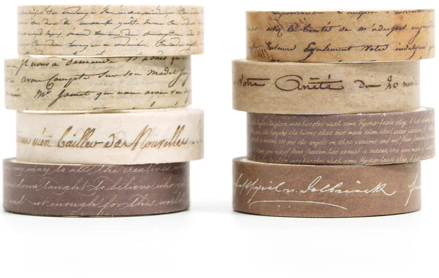 Main image of Vintage Washi Tape Set 8 Rolls Thin Retro Decorative Antique Patterns Masking Tapes for Arts, DIY Crafts, Journals, Planners, Scrapbook, Wrapping (Handwritten Text)