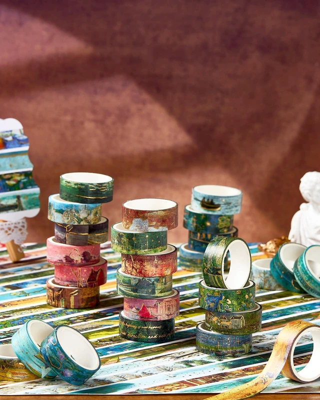 Alt view image 2 of 7 - Landscape Washi Tape Set in Oil Painting Style 20 Rolls Scenery Drawing Masking Gold Foil Graphic Decorative Tapes for Arts, DIY Crafts, Journals, Planners, Scrapbook, Wrapping (Classic)