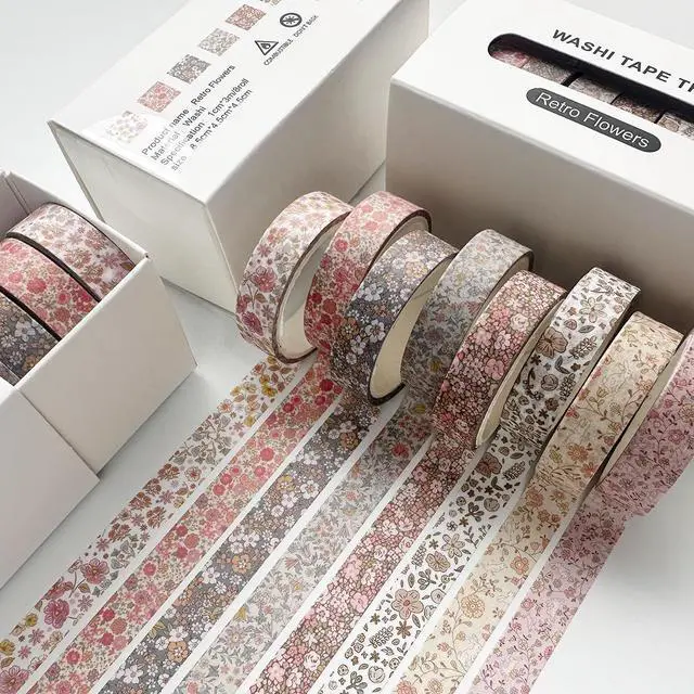 Alt view image 2 of 7 - Vintage Washi Tape Set 8 Rolls Thin Retro Decorative Antique Patterns Masking Tapes for Arts, DIY Crafts, Journals, Planners, Scrapbook, Wrapping (Little Flowers)