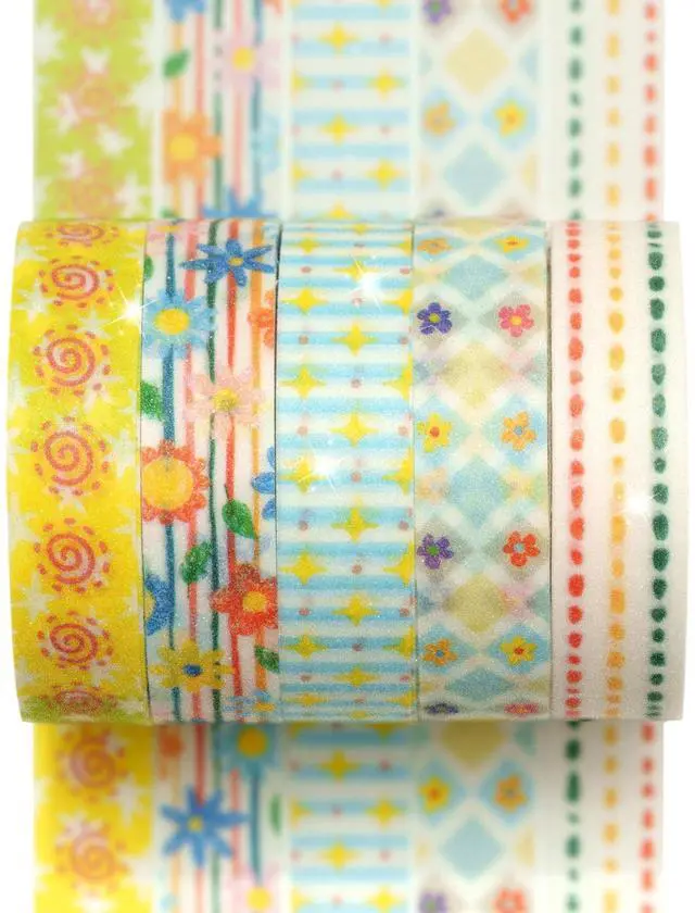 Main image of Cute Pattern Washi Tape Set 5 Rolls Glitter Cover Decorative Wide Kawaii Masking Tapes for Arts, DIY Crafts, Journals, Planners, Scrapbook, Wrapping (8 Retro Pop)