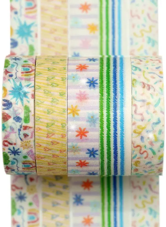 Main image of Cute Pattern Washi Tape Set 5 Rolls Glitter Cover Decorative Wide Kawaii Masking Tapes for Arts, DIY Crafts, Journals, Planners, Scrapbook, Wrapping (10 Doodle Mix)