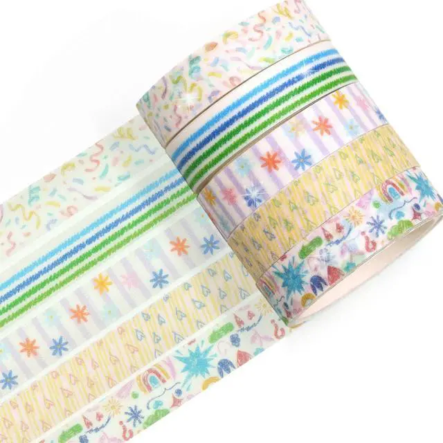 Alt view image 2 of 7 - Cute Pattern Washi Tape Set 5 Rolls Glitter Cover Decorative Wide Kawaii Masking Tapes for Arts, DIY Crafts, Journals, Planners, Scrapbook, Wrapping (10 Doodle Mix)
