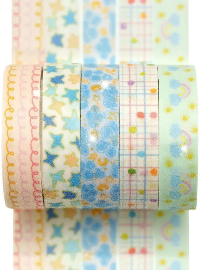 Main image of Cute Pattern Washi Tape Set 5 Rolls Glitter Cover Decorative Wide Kawaii Masking Tapes for Arts, DIY Crafts, Journals, Planners, Scrapbook, Wrapping (5 Soft Rainbow)