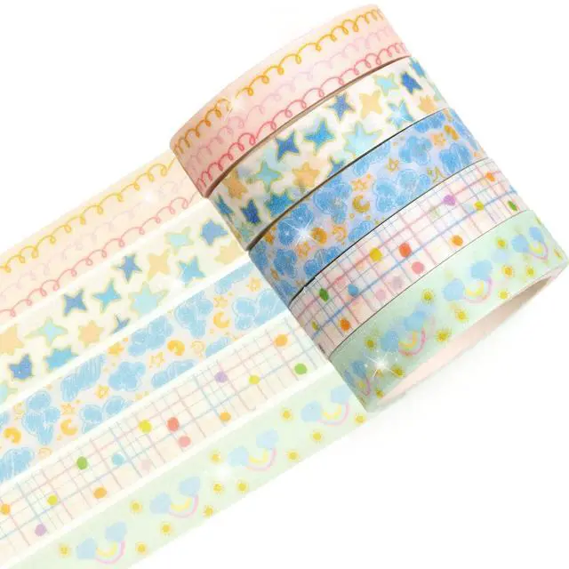 Alt view image 2 of 6 - Cute Pattern Washi Tape Set 5 Rolls Glitter Cover Decorative Wide Kawaii Masking Tapes for Arts, DIY Crafts, Journals, Planners, Scrapbook, Wrapping (5 Soft Rainbow)
