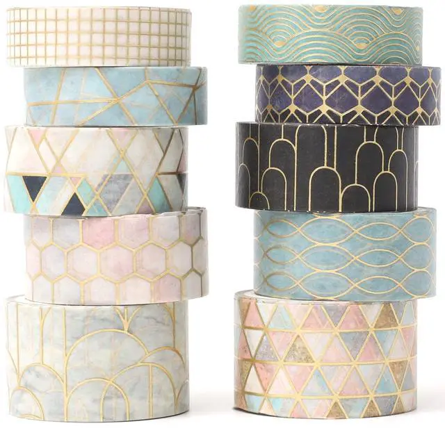 Main image of Creative Washi Tape Set 10 Rolls Gold Foil Print Decorative Masking Tapes for Arts, DIY Crafts, Journals, Planners, Scrapbook, Wrapping (Geometric Order)