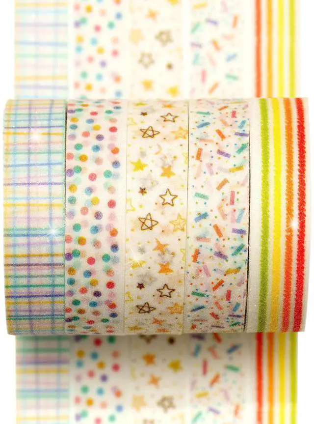 Main image of Cute Pattern Washi Tape Set 5 Rolls Glitter Cover Decorative Wide Kawaii Masking Tapes for Arts, DIY Crafts, Journals, Planners, Scrapbook, Wrapping (9 Dots & Stars)