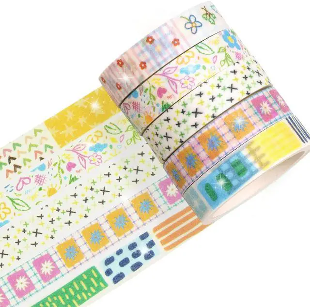 Alt view image 2 of 7 - Cute Pattern Washi Tape Set 5 Rolls Glitter Cover Decorative Wide Kawaii Masking Tapes for Arts, DIY Crafts, Journals, Planners, Scrapbook, Wrapping (7 Floral Garden)