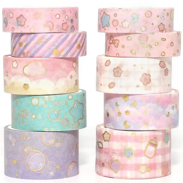 Main image of Pink Creative Washi Tape Set 10 Rolls Gold Foil Print Decorative Masking Tapes for Arts, DIY Crafts, Journals, Planners, Scrapbook, Wrapping