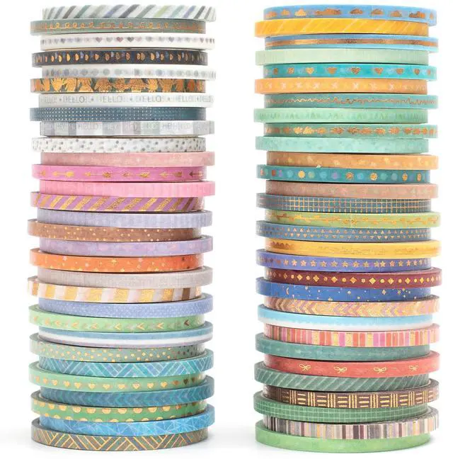 Main image of 60 Rolls Skinny Washi Tape Set Gold Foil Masking Thin Basic Patterns Decorative Tapes for Arts, DIY Crafts, Journals, Planners, Scrapbook, Wrapping