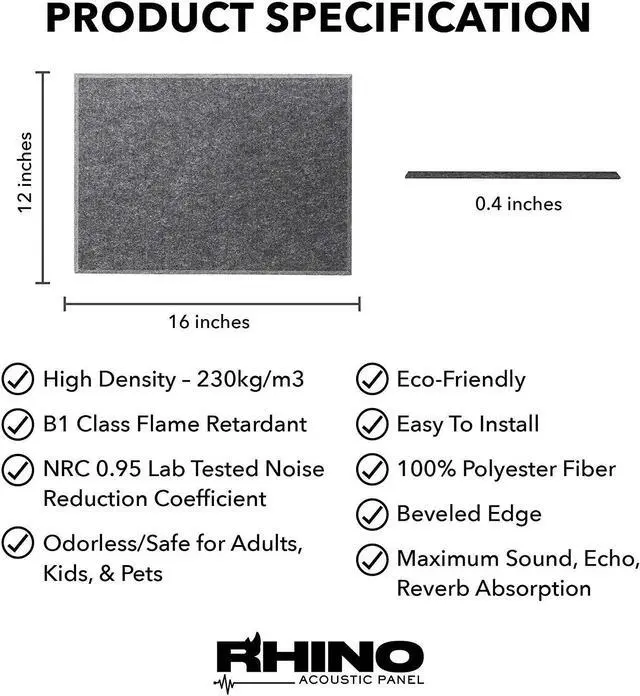 Alt view image 4 of 4 - Windscreen Supply Co. 6-Pack RHINO Fireproof Acoustic Sound Proofing Wall Panels 16 in. x 12 in. Dark Gray - RHP1612D
