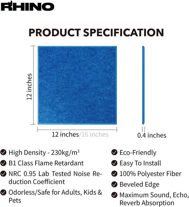 Alt view image 7 of 7 - Windscreen Supply Co. 6-Pack RHINO Fireproof Acoustic Sound Proofing Wall Panels 12 in. x 12 in. Blue - RHP1212E