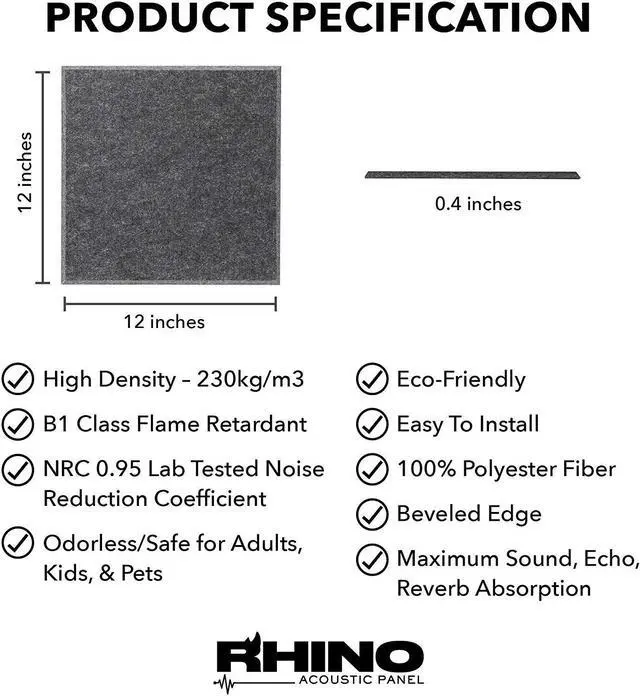 Alt view image 5 of 6 - Windscreen Supply Co. 6-Pack RHINO Fireproof Acoustic Sound Proofing Wall Panels 12 in. x 12 in. Dark Gray - RHP1212D