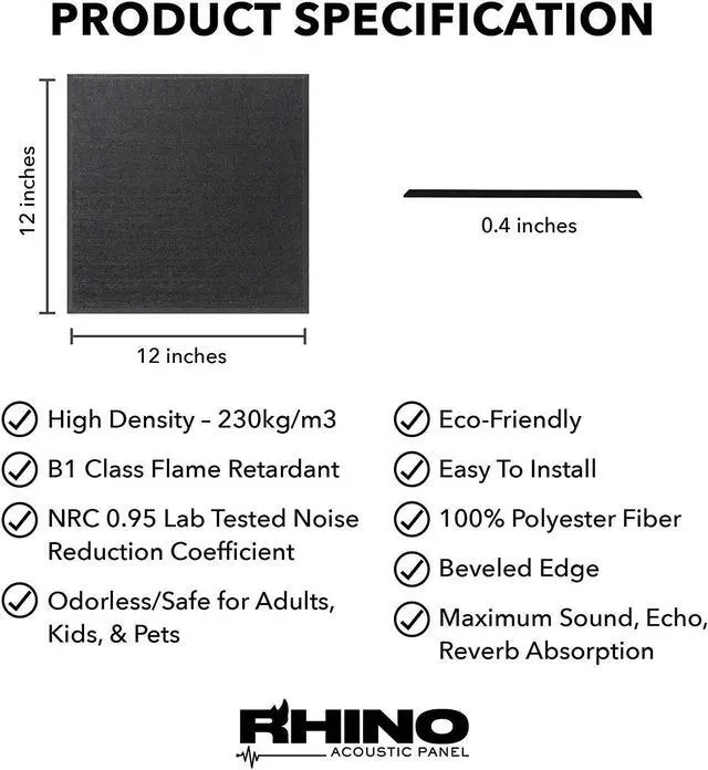 Alt view image 5 of 6 - Windscreen Supply Co. 6-Pack RHINO Fireproof Acoustic Sound Proofing Wall Panels 12 in. x 12 in. Black - RHP1212B