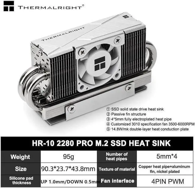 Alt view image 2 of 7 - ThermalRight HR-10 2280 PRO SSD heatsink with four heat pipes,built-in 3010 size small fan with a speed of 3500-6000RPM