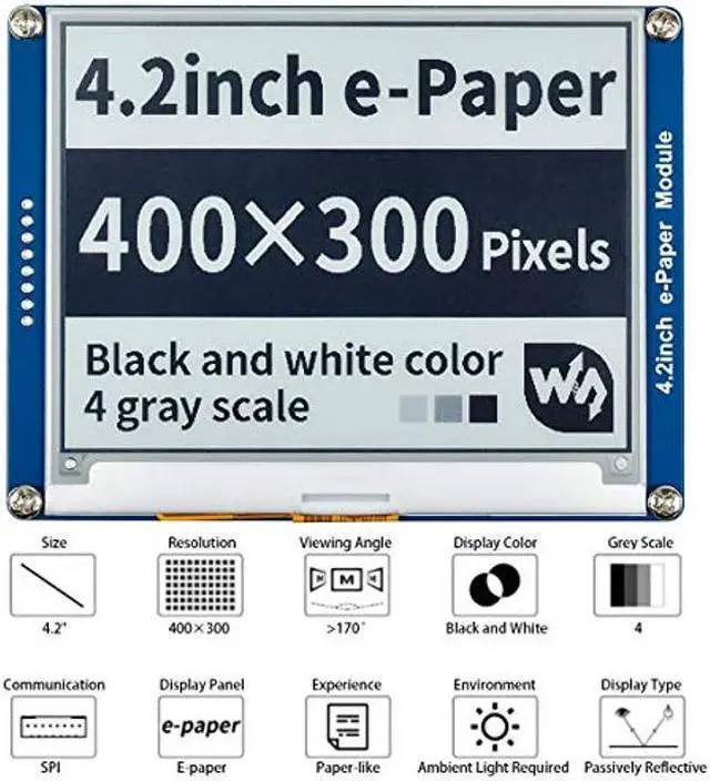 Alt view image 2 of 5 - waveshare 4.2inch E-Ink Display Module 400x300 Pixel Black,White Two-Color 3.3V-5V E-Paper Screen LCD Support Full Refresh SPI Interface for Raspberry/Jetson Nano/Ard/Nucleo