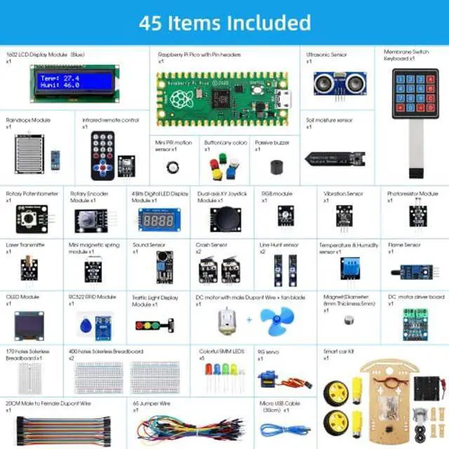 Alt view image 3 of 5 - Raspberry Pi Pico, ELECROW Sensor Advanced Kit for Programming, Pi Pico Micropython 32 Projects Lessons and 32 Modules with Detailed Tutorial for Programmer