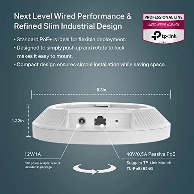 Alt view image 3 of 5 - TP-Link EAP613 Wireless Access Point w/o DC Adapter | Ultra-Slim | Omada True Wi-Fi 6 AX1800 | Mesh, Seamless Roaming, WPA3, MU-MIMO | Remote & App Control | PoE+ Powered | Multiple Controller Options