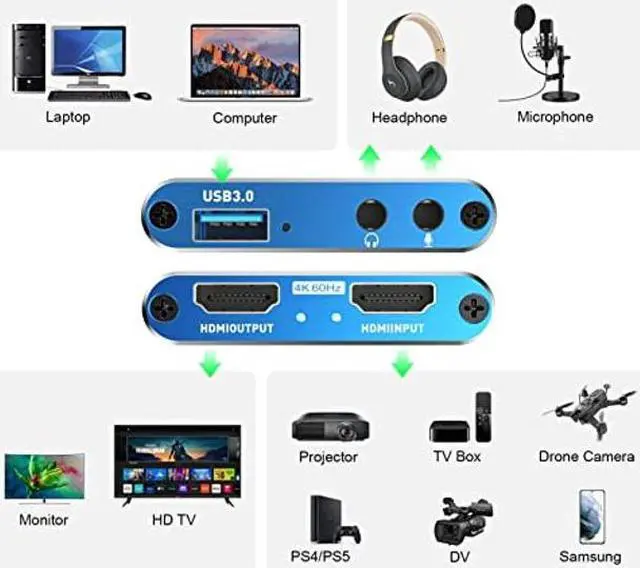 Alt view image 3 of 5 - 4K Audio Video Capture Card,USB 3.0 HDMI Video Capture Device,Video Capture Card 4K 1080P 60FPS,HDMI Capture Card Switch,Game Capture Card USB 3.0,for Living Streaming Broadcasting Video Recording