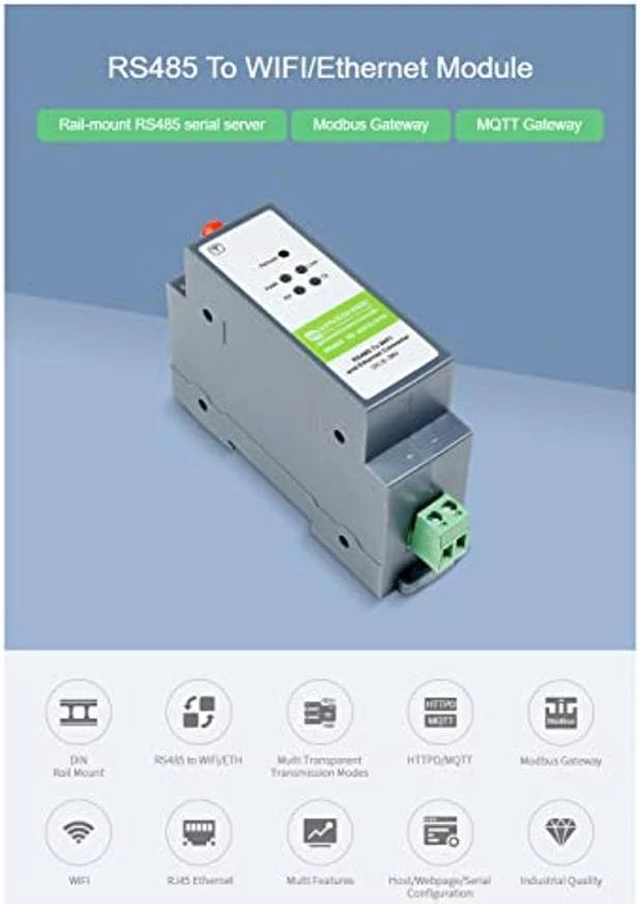 Alt view image 3 of 5 - Coolwell RS485 to WiFi/Ethernet Converter Module RS485 to ETH Rail-Mount Serial Server Modbus/MQTT Gateway