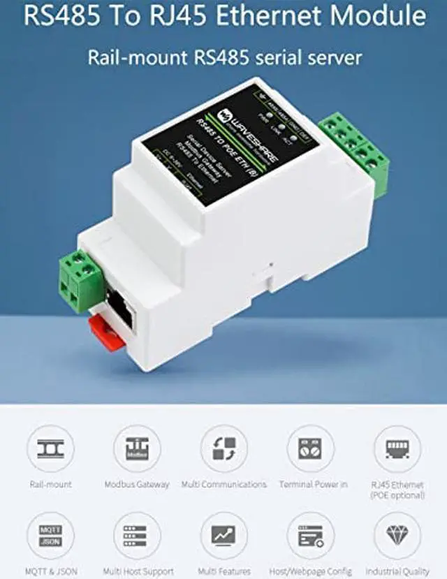 Alt view image 2 of 5 - waveshare RS485 to RJ45 Ethernet with POE Function Modbus/MQTT Gateway, Bi-Directional Transparent Data Transmission Between RS485 and Ethernet, 6~36V DC Screw Terminal, or PoE Port Power Supply