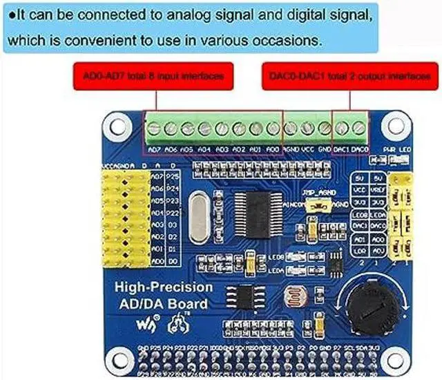 Alt view image 3 of 5 - High-Precision AD/DA Expansion Board for Raspberry Pi 4B/3B+/3B/2B/Zero/W/Zero WH and Jetson Nano,Add High-Precision AD/DA Functions to Pi. Onboard ADS1256 8-CH 24bit ADC and DAC8532 2-CH 16bit DAC
