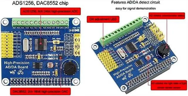 Alt view image 4 of 5 - High-Precision AD/DA Expansion Board for Raspberry Pi 4B/3B+/3B/2B/Zero/W/Zero WH and Jetson Nano,Add High-Precision AD/DA Functions to Pi. Onboard ADS1256 8-CH 24bit ADC and DAC8532 2-CH 16bit DAC