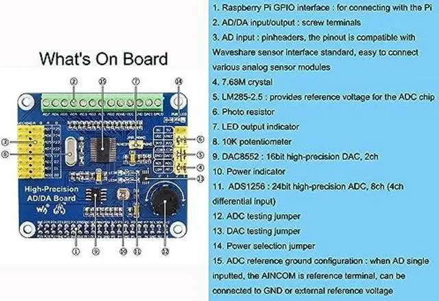 Alt view image 5 of 5 - High-Precision AD/DA Expansion Board for Raspberry Pi 4B/3B+/3B/2B/Zero/W/Zero WH and Jetson Nano,Add High-Precision AD/DA Functions to Pi. Onboard ADS1256 8-CH 24bit ADC and DAC8532 2-CH 16bit DAC