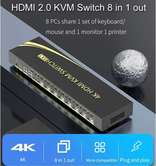 Alt view image 2 of 5 - eKL KVM Switch, 8 Port v2.0 HDMI KVM Switch Supports Hotkeys Swapping 4K@60Hz 4:4:4 1080p 3D, 8 in 1 Out 8 PCs Sharing with One Set of Keyboard and Mouse