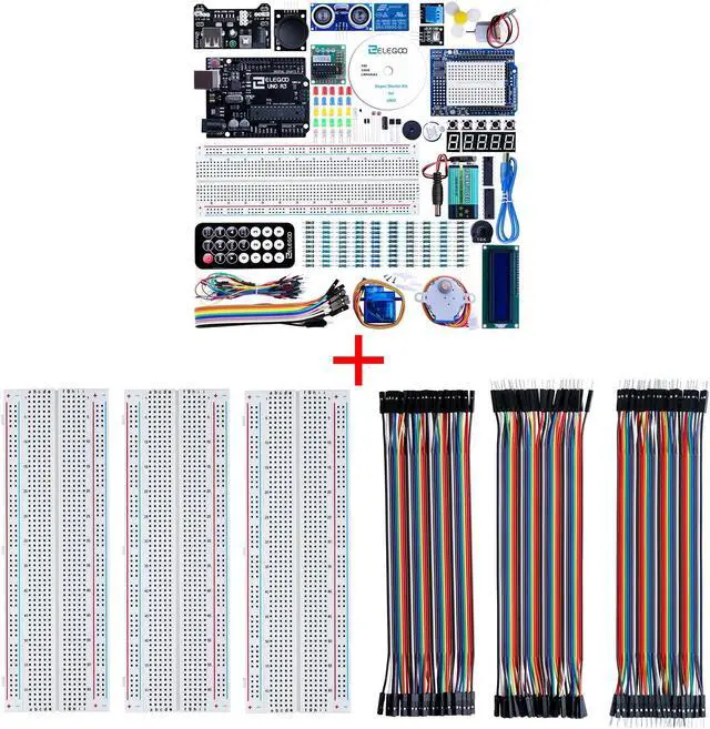 Main image of ELEGOO UNO Project Super Starter Kit and ELEGOO 3pcs Breadboard 830 Point Solderless Prototype PCB Board Kit and ELEGOO 120pcs Multicolored Dupont Wire