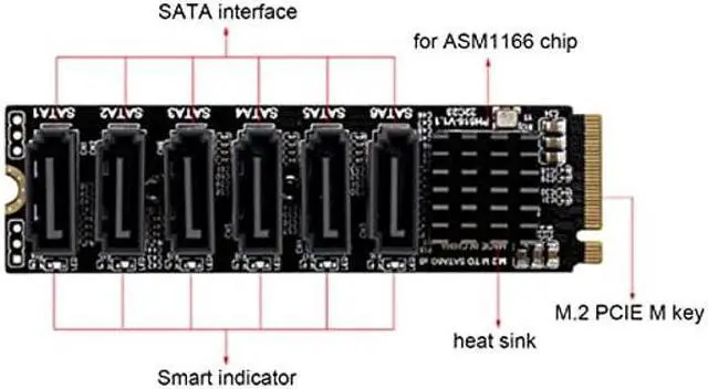 Alt view image 5 of 5 - M.2 to SATA3.0 Adapter Card, 6Gbps High Speed ASM1166 M.2 PCIE to SATA Expansion Card with Smart Indicator Computer Accessories, Hard Disk Supporting SATA Protocol