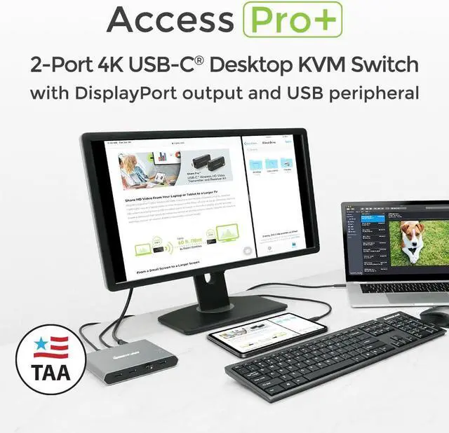 Alt view image 2 of 5 - IOGEAR Access Pro Plus 2-Port USB-C KVM Switch 1 Monitor 2 Computers 4K 60Hz DisplayPort Output 4-Port USB Hub 100W Power Thunderbolt 3/4 Compatible Remote Switch (GCS1602CC)