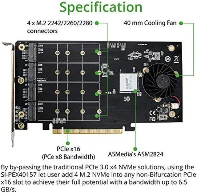 Alt view image 4 of 5 - Syba Quad M.2 NVMe Ports to PCIe 3.0 x16 Interface x8 Bandwidth Bifurcation Riser Controller - Support Non-Bifurcation Motherboard (SI-PEX40157)
