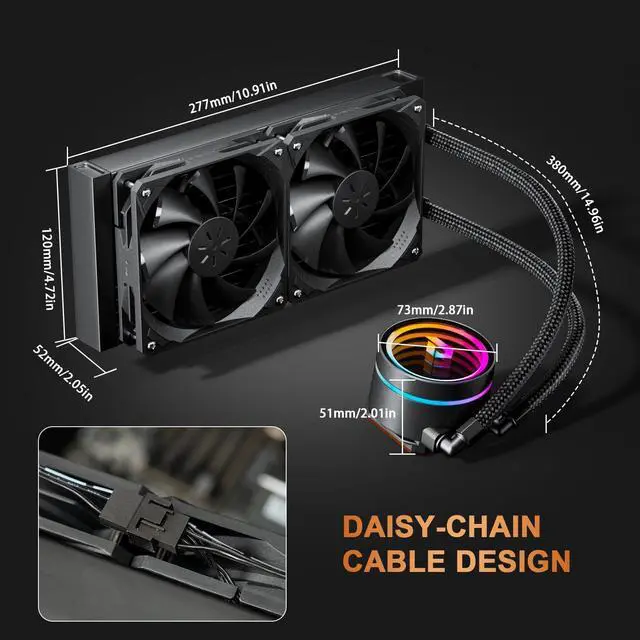 Alt view image 5 of 5 - upHere Liquid CPU Cooler,AIO Cooler 240mm Radiator Compatible with LGA 1851/1700/2011/2066 & AMD AM5/AM4, 2 X 120 PWM RGB Fan Water Cooler CPU,2500 RMP Water Cooling Systems 17dBA