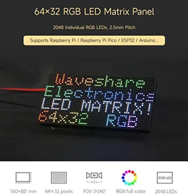 Alt view image 3 of 5 - Waveshare RGB Full-Color LED Matrix Panel, 2.5mm Pitch, 64x32 Pixels, Adjustable Brightness, Compatible with Raspberry Pi 5/4B/3B/Zero/Zero W/Zero 2W/Pico/Pico W/Pico WH