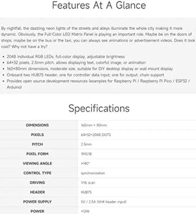 Alt view image 4 of 5 - Waveshare RGB Full-Color LED Matrix Panel, 2.5mm Pitch, 64x32 Pixels, Adjustable Brightness, Compatible with Raspberry Pi 5/4B/3B/Zero/Zero W/Zero 2W/Pico/Pico W/Pico WH