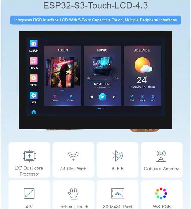 Alt view image 2 of 5 - ESP32-S3 Microcontroller Development Board Onboard 4.3inch Capacitive Touch Display 800x480 Pixel, Supports 2.4GHz W iF-i and BLE 5, Multiple Peripherals via Sensor, CAN, RS485, and I2C Interfaces