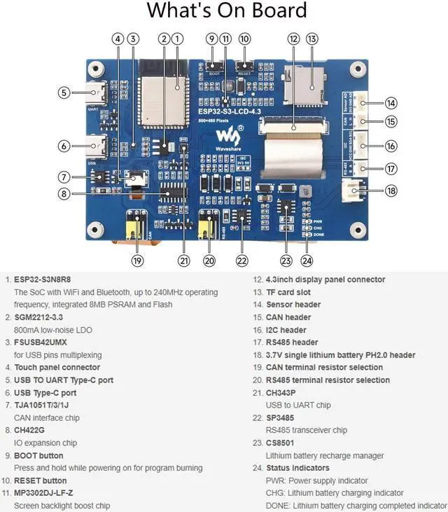 Alt view image 5 of 5 - ESP32-S3 Microcontroller Development Board Onboard 4.3inch Capacitive Touch Display 800x480 Pixel, Supports 2.4GHz W iF-i and BLE 5, Multiple Peripherals via Sensor, CAN, RS485, and I2C Interfaces