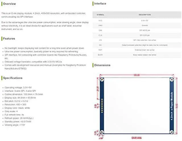 Alt view image 3 of 5 - Waveshare 4.2inch E-Ink Display Module Compatible with Raspberry Pi 5/4B/3B/Zero/Zero W/Zero 2W/Pico/Pico W/Pico WH, 400x300 Resolution SPI Interface